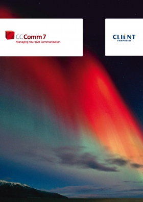 Design des Cover der von okamo aus Berlin gestalteten Broschüre „CC Comm7 – Managing your B2B Communication“ der Client Computing GmbH mit einem seltenen roten Aurora-Borealis-Motiv