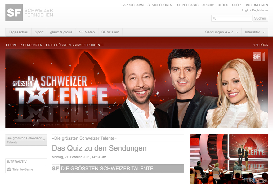 Screenshot der Website der Schweizer Fernsehshow „Die größten Schweizer Talente“, in deren Rahmen das von okamo aus Berlin gestaltete Logo-Design der Show im Kontext zu sehen ist
