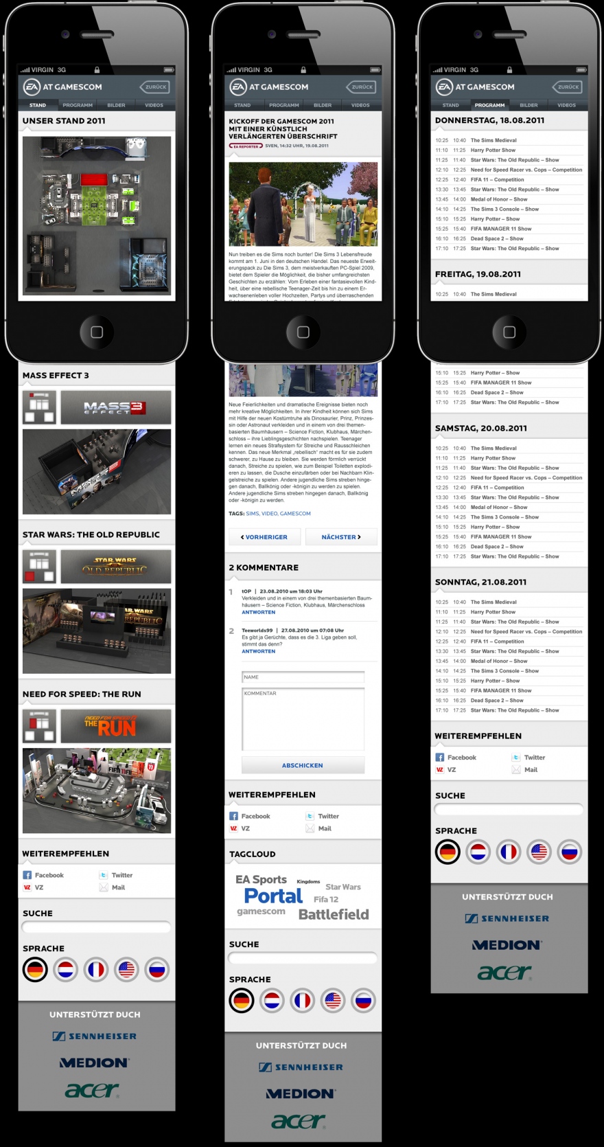 Drei unterschiedliche Ansichten (Screens) der von okamo aus Berlin gestalteten mobilen Version des 
