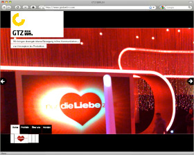 Von okamo aus Berlin gestaltete Designstudie der Website von GTZ Berlin mit stark horizontaler Gliederung (auf schwarzem Fond)
