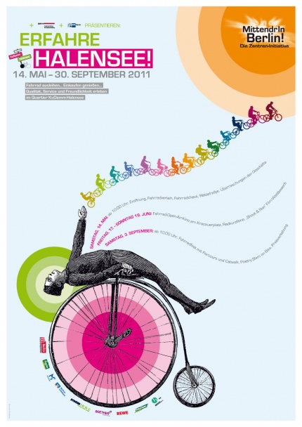 Design des von okamo aus Berlin gestalteten DIN A1 Plakats der Preisträgerinitiative „Erfahre Halensee!“ im Rahmen des Wettbewerbs MittendrIn Berlin! 2010/11, das die gesamtstädtische Öffentlichkeitsarbeit der Initiative unterstützt