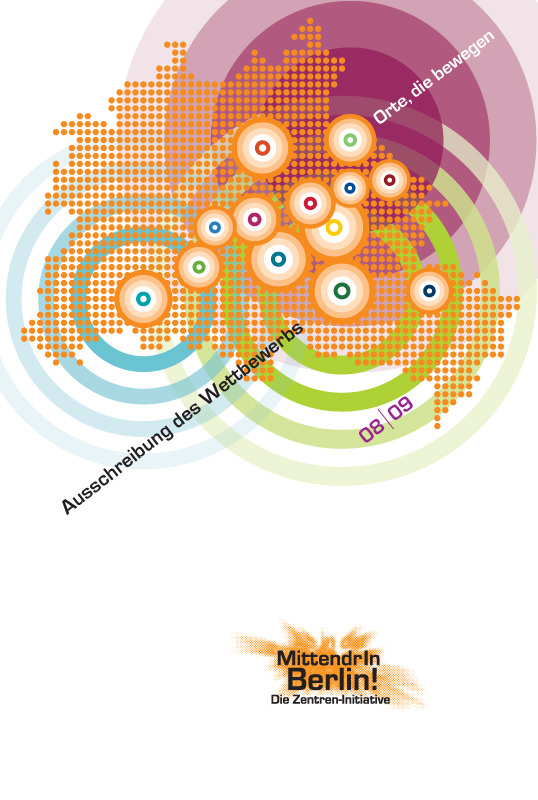 Mittendrin.Poster.Back.Cover.2: Das Cover-Design des gefalzten Plakats, das okamo aus Berlin für den Berliner Senat und die IHK zum Auftakt der Wettbwerbskampagne 2008 von „MittendrIn Berlin! Die Zentren-Initiative“ gestaltet hat.