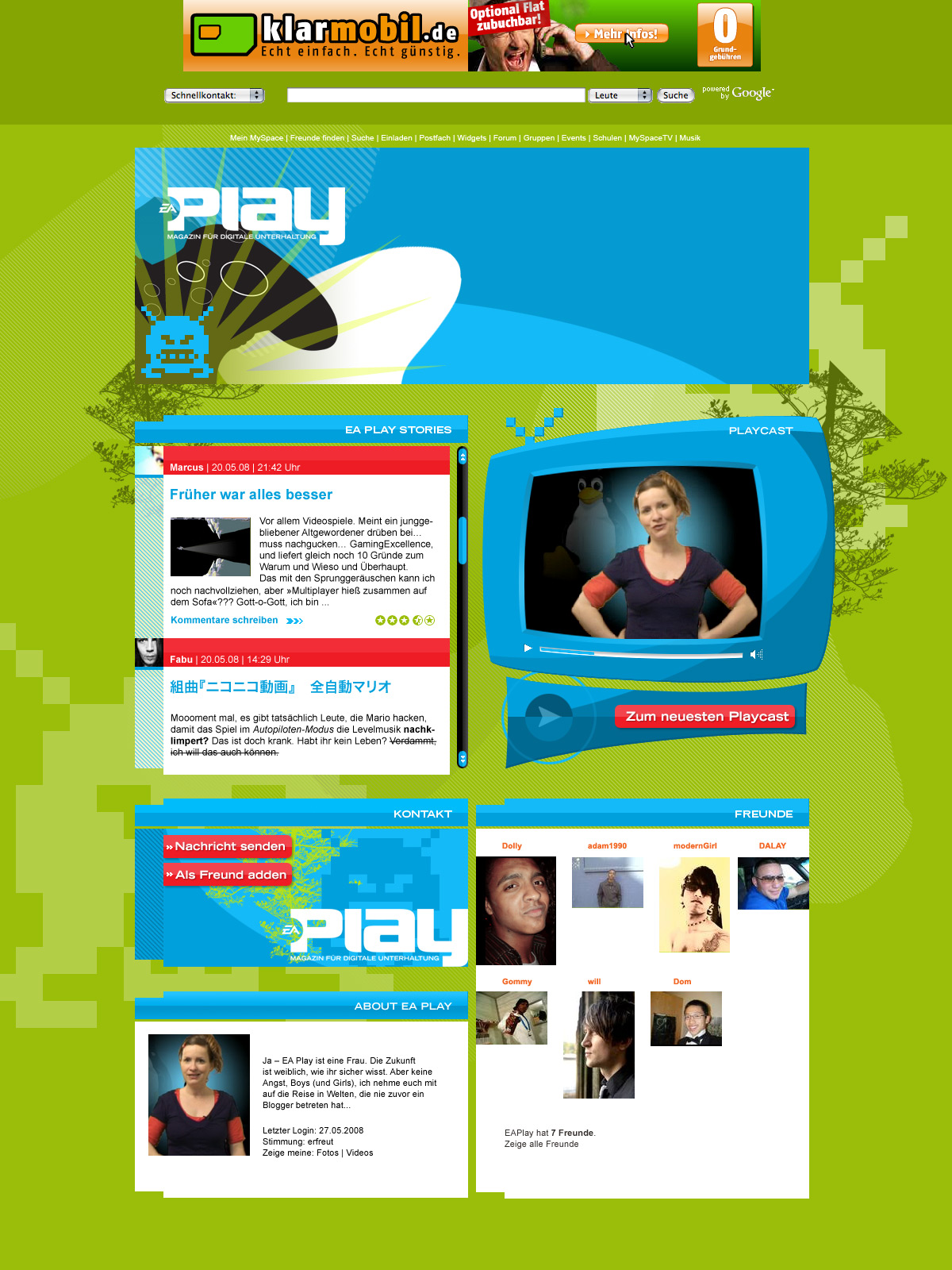 MySpace.02: Von okamo aus Berlin für EA Electronic Arts gestaltete und programmiertechnisch umgesetztes Webdesign der Startseite der MySpace-Präsenz von „EA Play – Magazin für digitale Spielkultur“