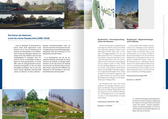 Design der Doppelseite 44/45 der von okamo aus Berlin gestalteten ca. 70-seitigen Broschüre „10 Jahre soziale Stadt Westhagen – Dokumentation“