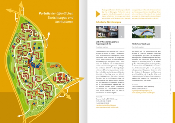 Design der Doppelseite 50/51 der von okamo aus Berlin gestalteten ca. 70-seitigen Broschüre „10 Jahre soziale Stadt Westhagen – Dokumentation“