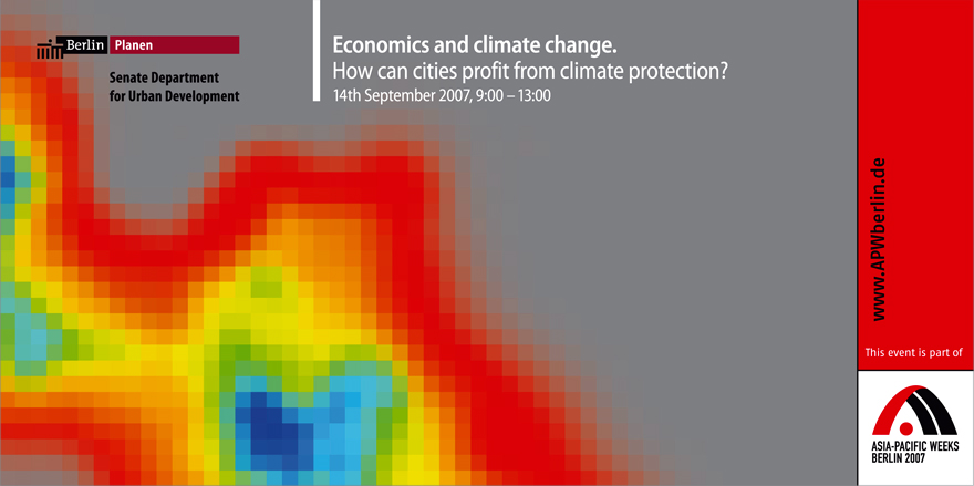 Flyer-Design der Einladung zur Veranstaltung „Economics and Cliemate Change“ der Asien-Pazifik-Wochen 2007, das okamo aus Berlin im Auftrag von a.m.p. für den Berliner Senat gestaltet hat