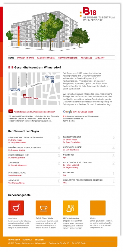 Webdesign der von okamo aus Berlin gestalteten Homepage des Interauftritts von „B18 – Gesundheitszentrum Wilmersdorf“ mit dem charakteristischen Farbverlauf und allen wichtigen Informationen zum Ärztehaus auf einen Blick