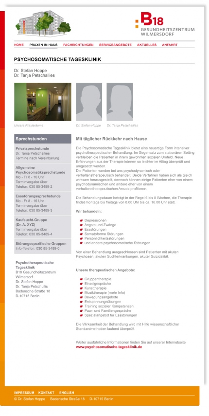 Webdesign einer von okamo aus Berlin gestalteten exemplarischen Praxisseite des Interauftritts von „B18 – Gesundheitszentrum Wilmersdorf“ mit dem charakteristischen Farbverlauf und allen wichtigen Informationen zujeweiligen Praxis auf einen Blick
