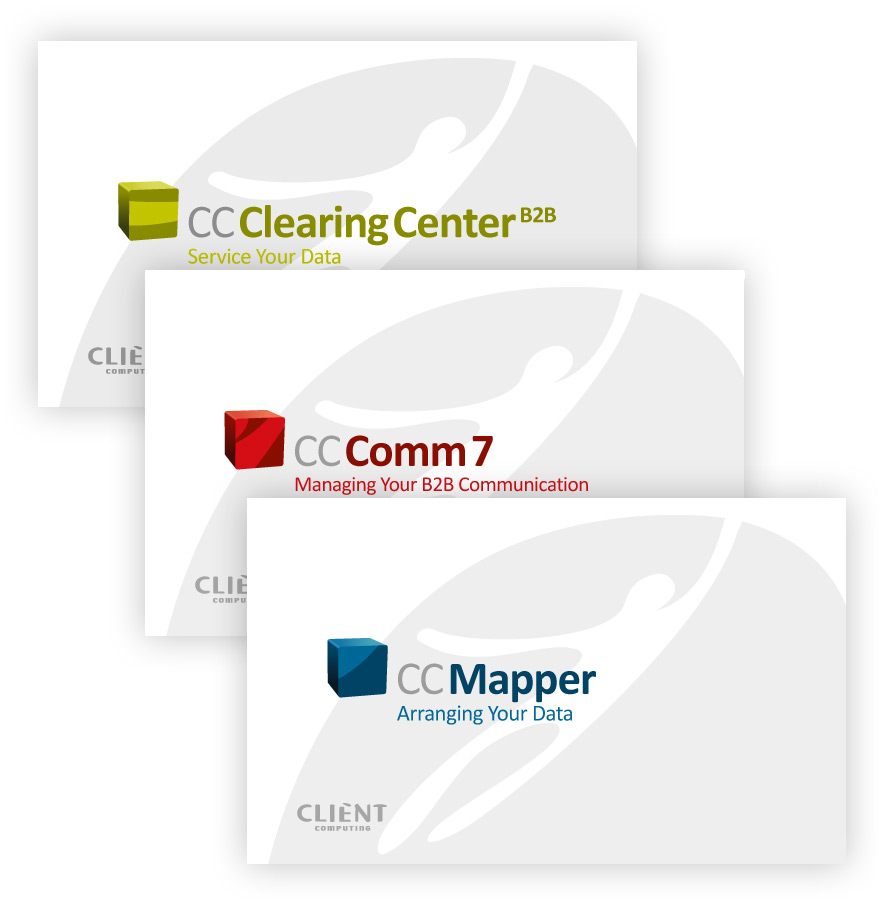 Drei der von okamo aus Berlin gestalteten Logo-Designs für die Client Computing GmbH in der Verwendung auf den Startscreens der Programme „CC Clearing Center“, „CC Comm7“ und „CC Mapper“