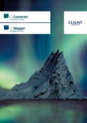 Design des Covers der von okamo aus Berlin gestalteten Broschüre „CC Mapper & Converter – Arranging & Converting your Data“ der Client Computing GmbH mit einem blaugrünen Aurora-Borealis-Motiv