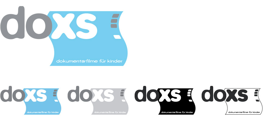 Von okamo aus Berlin gestaltetes Logo-Design für „DOXS – Dokumentarfilme für Kinder“ der Duisburger Filmwoche in verschiedenen Farbvarianten