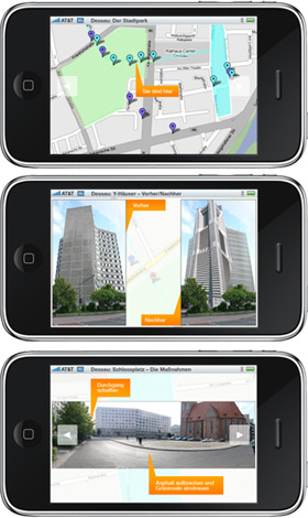 Von okamo aus Berlin im Rahmen der Internationalen Expertenwerkstatt „Potentiale, Chancen und Defizite im Urbanen Kern Innenstadt“ der Stiftung Bauhaus Dessau gestaltete Designstudien für eine iPhone-App, die mit Daten aus einem GeoInformationsSystem (GIS) Stadtplanung für Bürger und Planer gleichermaßen anschaulich und begreifbar machen soll