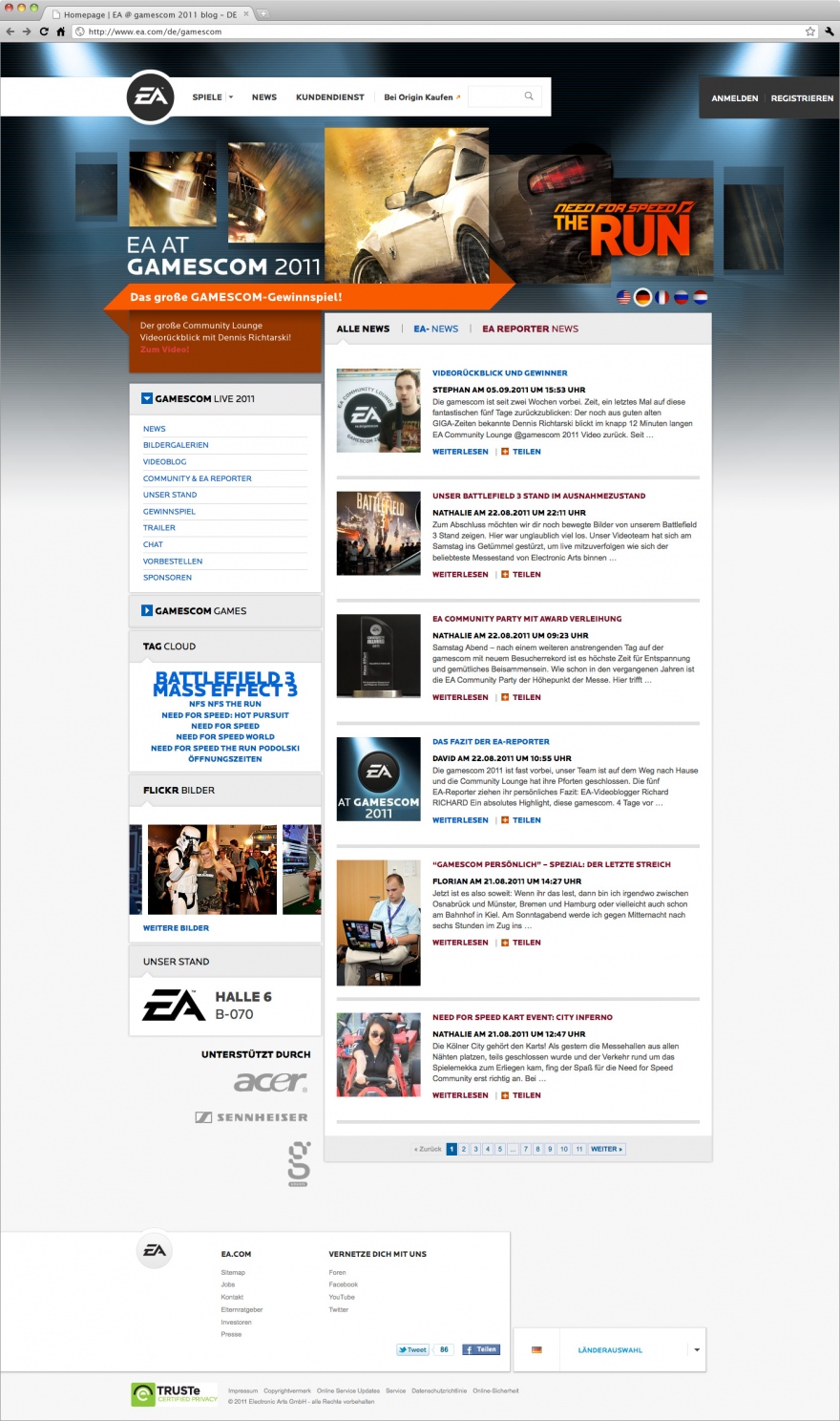 Webdesign der von okamo aus Berlin gestalteten Homepage des Messewebauftritts von EA Electronic Arts auf der gamescom 2011 in Köln mit prominentem Headerbild und der zentralen Blog-Ansicht mit minutenaktuellen News von der Messe