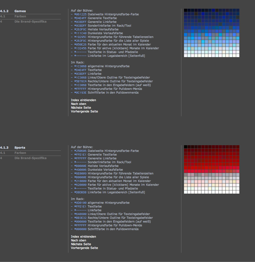 Ansicht aus dem Online-Design-Styleguide, den okamo aus Berlin für EA Electronic Arts gestaltet hat, die das Farbleitsystem der Website erläutert