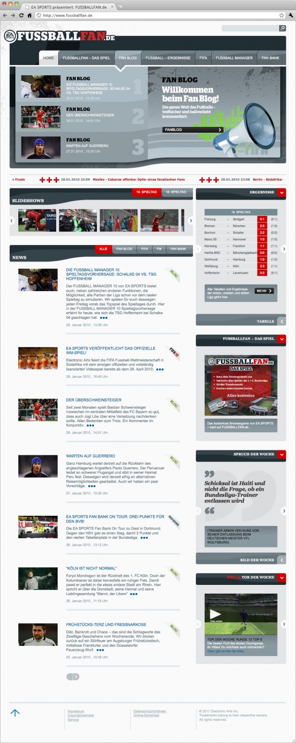Webdesign der von okamo aus Berlin gestalteten Homepage der EA Electronic Arts Website www.fussballfan.de