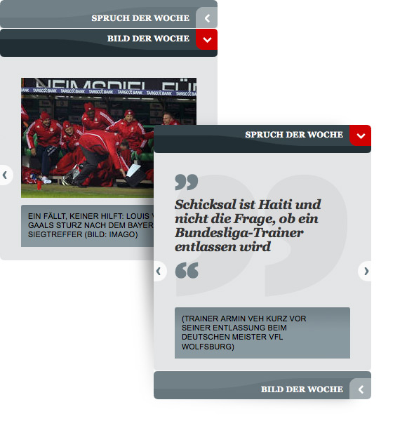Designs der von okamo aus Berlin mit dem gesamten Webdesign gestalteten Sidebar-Widgets der EA Electronic Arts Website www.fussballfan.de, hier das sog. Accordion zum Wechsel zwischen „Bild der Woche“ und „Spruch der Woche“