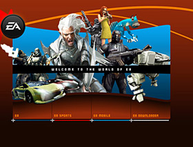 Zweites Design der Splash-Page des Messe-Webauftritts von EA Electronic Arts auf der Games Convention 2006 in Leipzig, das okamo aus Berlin gestaltet hat: einige martialische Figuren aus diversen Shootern scheinen eine weibliche Figur aus «SIMS II Pets» zu «schützen». Die Fläche ist unsymetrisch genutzt und arbeitet mit Freiraum.In einem zweiten Schritt wurde eine optische Verdichtung angestrebt, die einen Protagonisten aus «Herr der Ringe» ins Zentrum stellt.