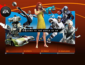 Drittes und fast fertiges Design der Splash-Page des Messe-Webauftritts von EA Electronic Arts auf der Games Convention 2006 in Leipzig, das okamo aus Berlin gestaltet hat: einige martialische Figuren aus diversen Shootern scheinen eine weibliche Figur aus «SIMS II Pets» zu «schützen». Die Fläche ist unsymetrisch genutzt und arbeitet mit Freiraum.