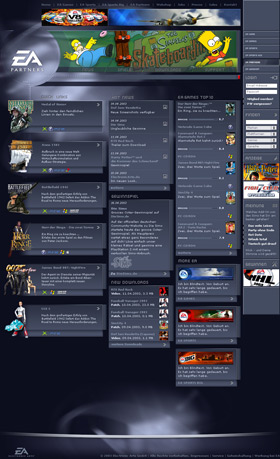 Webdesign der EA Partners Seite von EA Electronic Arts, die Heike Woltmann und Marcus Lepie als freie Art Direktoren im Auftrag von defcom für EA gestaltet haben. Spiele, die im Rahmen von Kooperationen auf den Markt gebracht werden, firmieren unter EA Partners (wir haben diesem Bereich Anthrazit als Farbe zugewiesen)