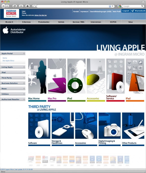 Dieser Screen zeigt die Startseite für das Fachhändlerportal   »Living Apple @ Ingram Micro«. Webdesign und die Illustrationen wurden von okamo aus Berlin entwickelt.