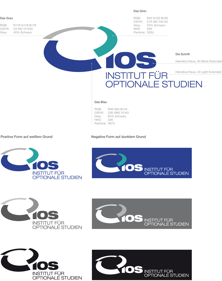 Styleguide zu dem von okamo aus Berlin für die Universität Duisburg-Essen gestalteten Logo-Design für das „Institut für optionale Studien“, der zeigt, wie das Signet in verschiedenen Kontexten und mit verschiedenen Drucktechniken eingesetzt wird