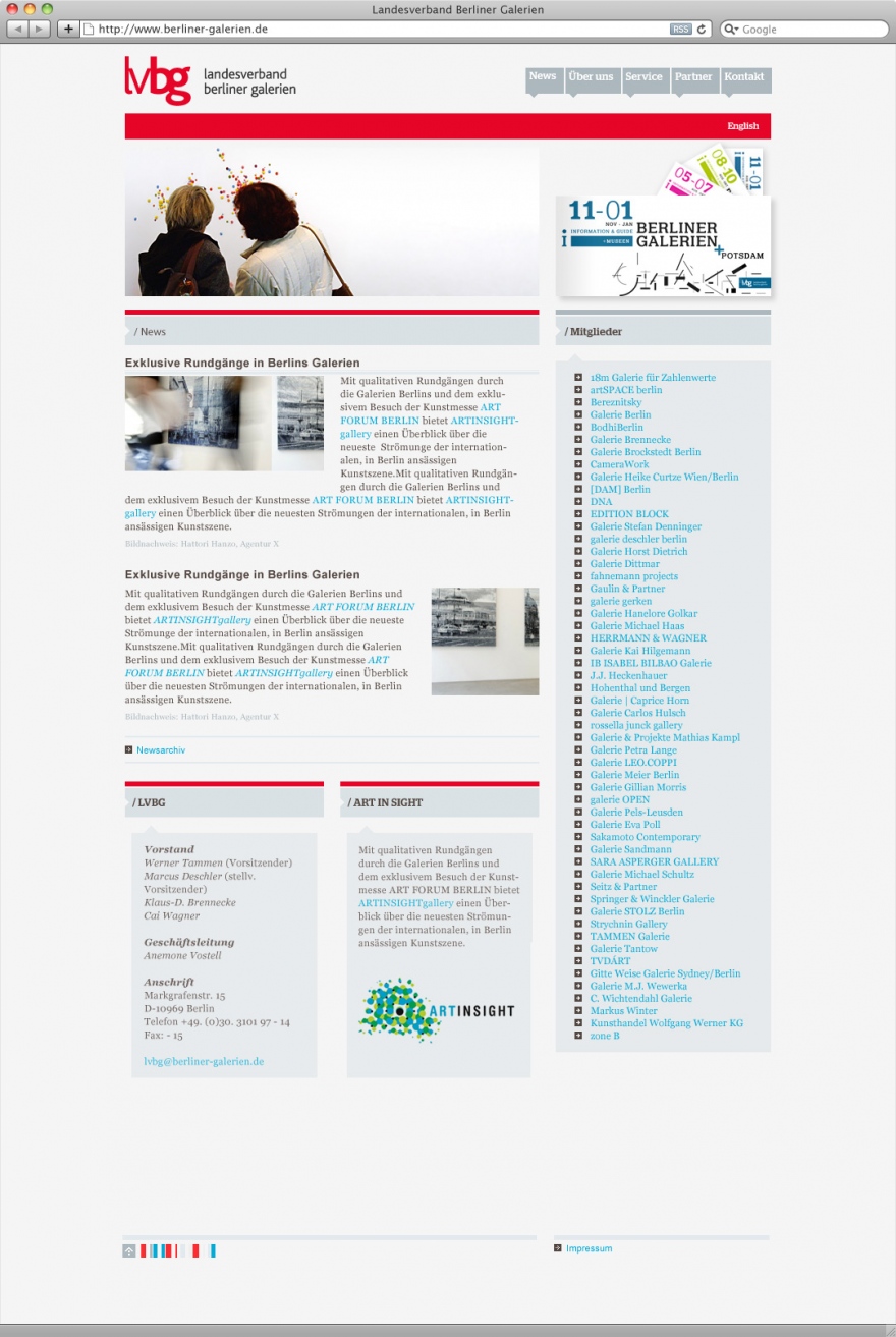 Von okamo aus Berlin gestaltetes Webdesign der Homepage des Landesverbands der Berliner Galerien LVBG, der mit ca. 50 Mitgliedern eine starke Interessensvertretung der weltweit renommierten Berliner Kunst- und Galerienszene bildet