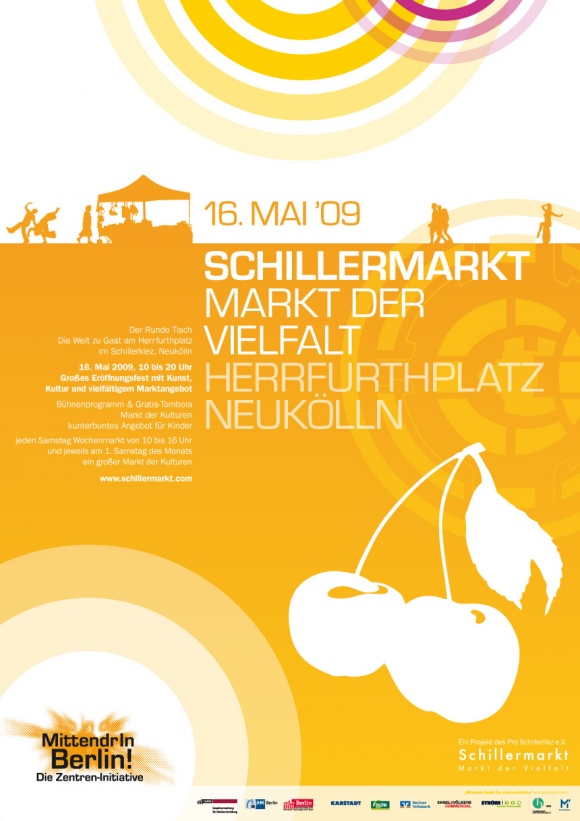 Von okamo aus Berlin gestaltetes Plakat-Design für die gesamtstädtische Öffentlichkeitsarbeit des Preisträgers „Schillermarkt – Markt der Vielfalt“ im Rahmen der Zentren-Initiative „MittendrIn Berlin!“ 2009 des Berliner Senats und der IHK Berlin