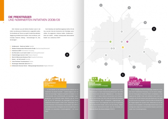 Design der Doppelseite 6/7 der von okamo aus Berlin gestalteten Broschüre „MittendrIn Berlin! Orte die Bewegen – Dokumentation 2008/09“ – mit einer Übersicht und Verortung von Teilnehmern und Preisträgern