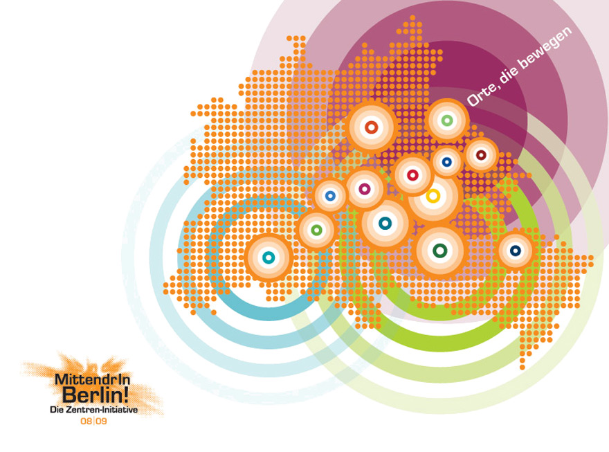 Plakat-Design, das okamo aus Berlin für den Berliner Senat und die IHK zum Auftakt der Wettbwerbskampagne 2008 von „MittendrIn Berlin! Die Zentren-Initiative“ gestaltet hat. Grundmotiv bildet die Visualisierung der vielen Berliner Kieze als eine Art Erdbebenkarte mit vielen Epizentren