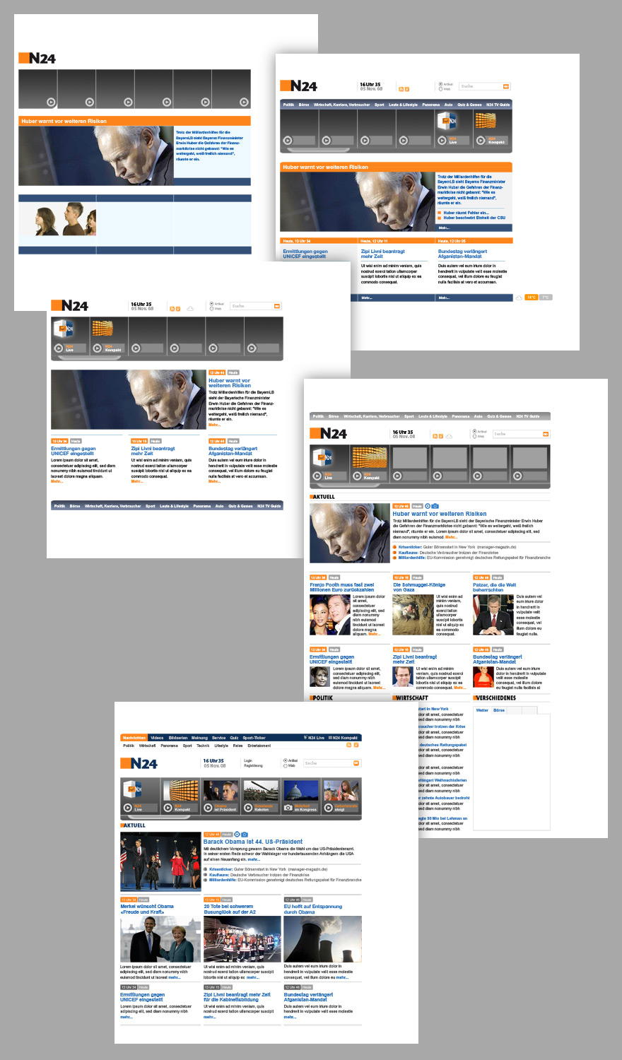 Diverse von okamo aus Berlin gestaltete Webdesign-Vorstudien der Homepage des Nachrichtensenders N24, die im Rahmen einer Pitch-Präsentation zum geplanten Relaunch 2008 von okamo präsentiert wurden. okamo geht als Favorit aus dem Pitch hervor, es kommt aber auf Grund von sich ändernden Eigentümerverhältnissen bei N24 nie zu einer Beauftragung zur Umsetzung des Designs