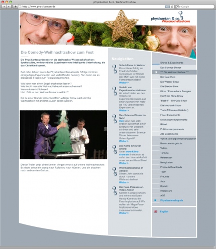 Das Keyvisual der Website www.physikanten.de für die Weihnachtsshow. Die Aufgabe von okamo aus Berlin: Webdesign, semantisches Coding und CMS-Anbindung der Website.