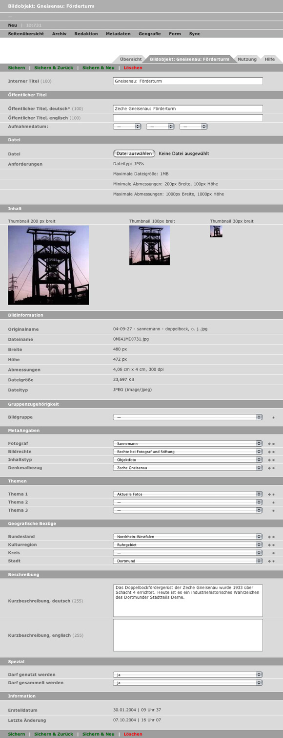 Ansicht 2 des von okamo aus Berlin exklusiv für die Betreuung der Website der „Stiftung Industriedenkmalpflege NRW“ entwickelten Content Management Systems CMS