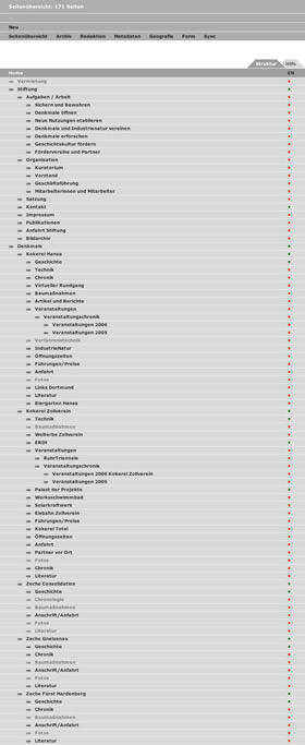 Ansicht 1 des von okamo aus Berlin exklusiv für die Betreuung der Website der „Stiftung Industriedenkmalpflege NRW“ entwickelten Content Management Systems CMS