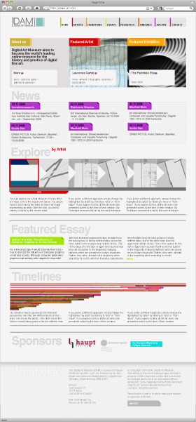 Von okamo aus Berlin für das DAM Digital Art Museum entwickelte frühe Design-Studie, die im Laufe der Designentwicklung weiter verfeinert und und hin zum finalen Webdesign ausgebaut wurde – Entwurf 3