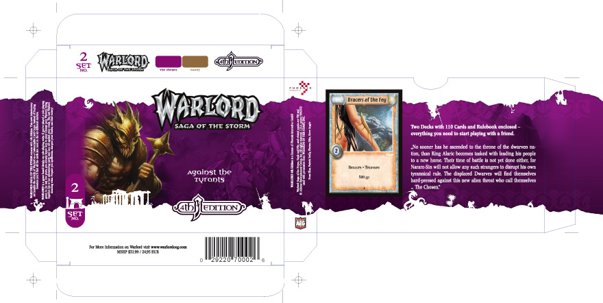 Ansicht eines Druckbogens des von okamo aus Berlin für die Phoenix Interactive GmbH gestalteten Package-Designs des Card Games „Warlord – Saga of the Storm“