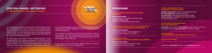 Design der von okamo aus Berlin gestalteten Innenseite des Einladungs-Flyers für den Kongress „Zentren.Handel.Netzwerke – 5 x MittendrIn Berlin!“ im Ludwig-Erhard-Haus in Berlin