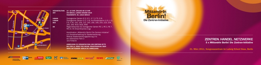 Design der von okamo aus Berlin gestalteten Außenseite der Einladungs-Flyers für den Kongress „Zentren.Handel.Netzwerke – 5 x MittendrIn Berlin!“ im Ludwig-Erhard-Haus in Berlin